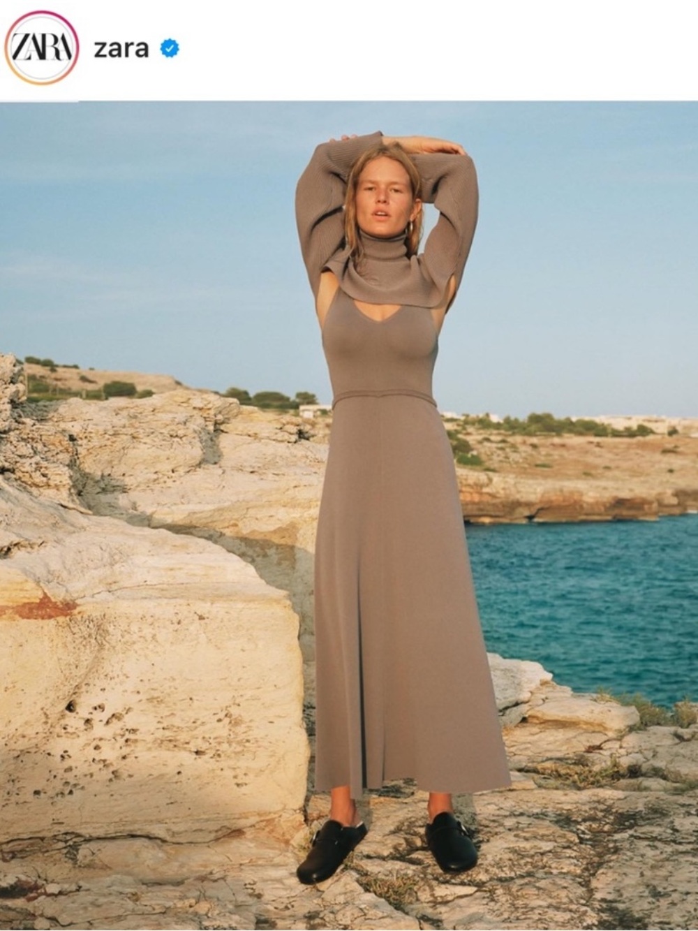 🤍 ZARA Mink Knit Bandage Cut Out Back Maxi Midi Dress with Arm Warmer Set sz L